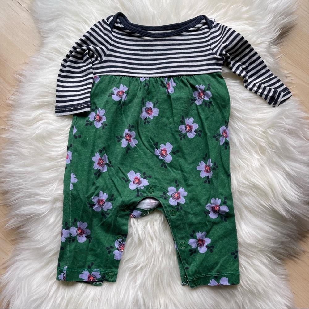 Tea Collection Green Floral Blue Striped Romper - 0-3 - EUC